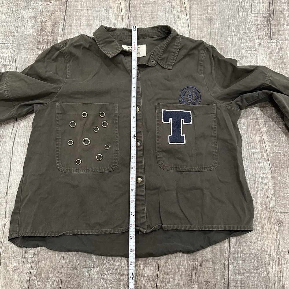 Zara Trafaluc TRF Army Green Utility Jacket Varsity Patch Eyelet Pocket Womens L - Picture 3 of 9
